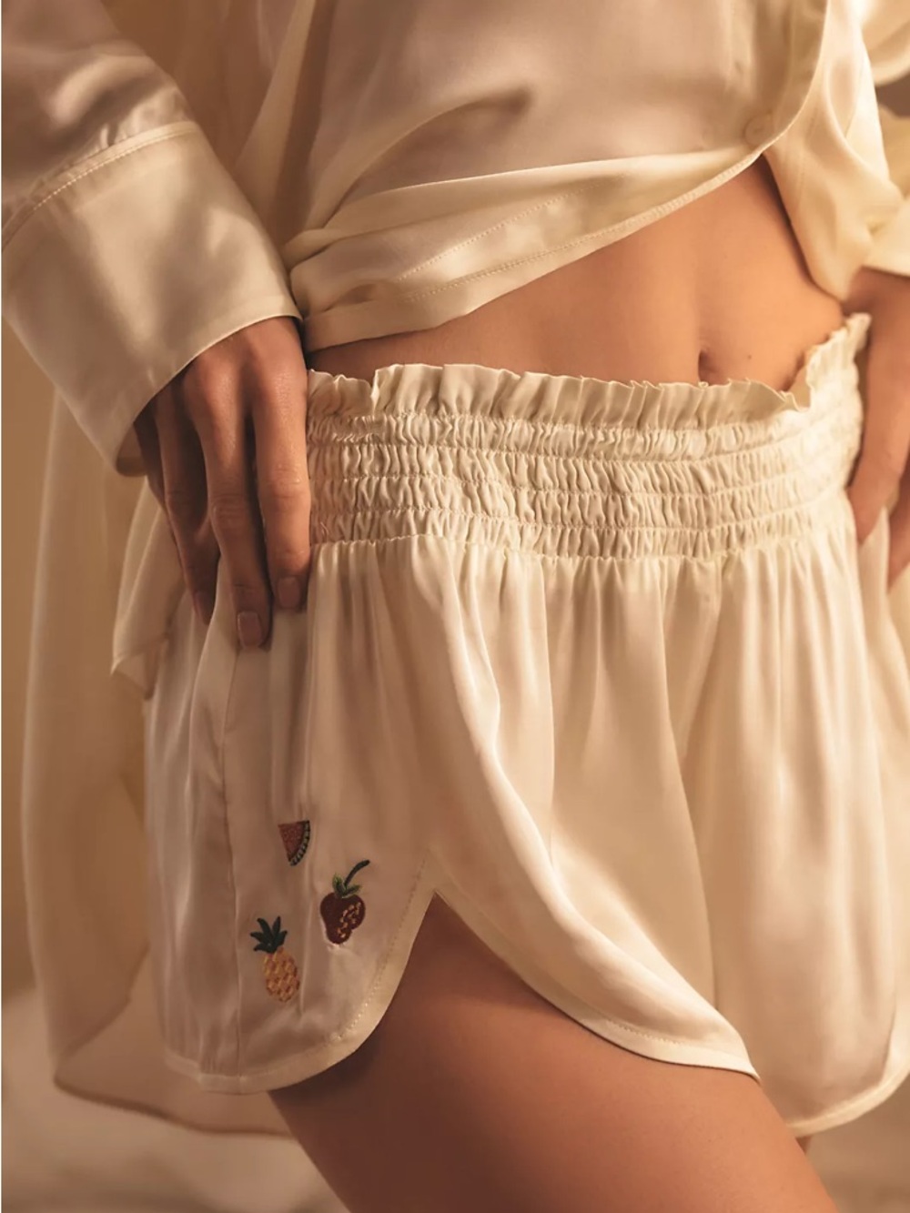 Anthropologie Silky Ruffle Shorts Satin Embroidered Fruit Pajama Coquette XL